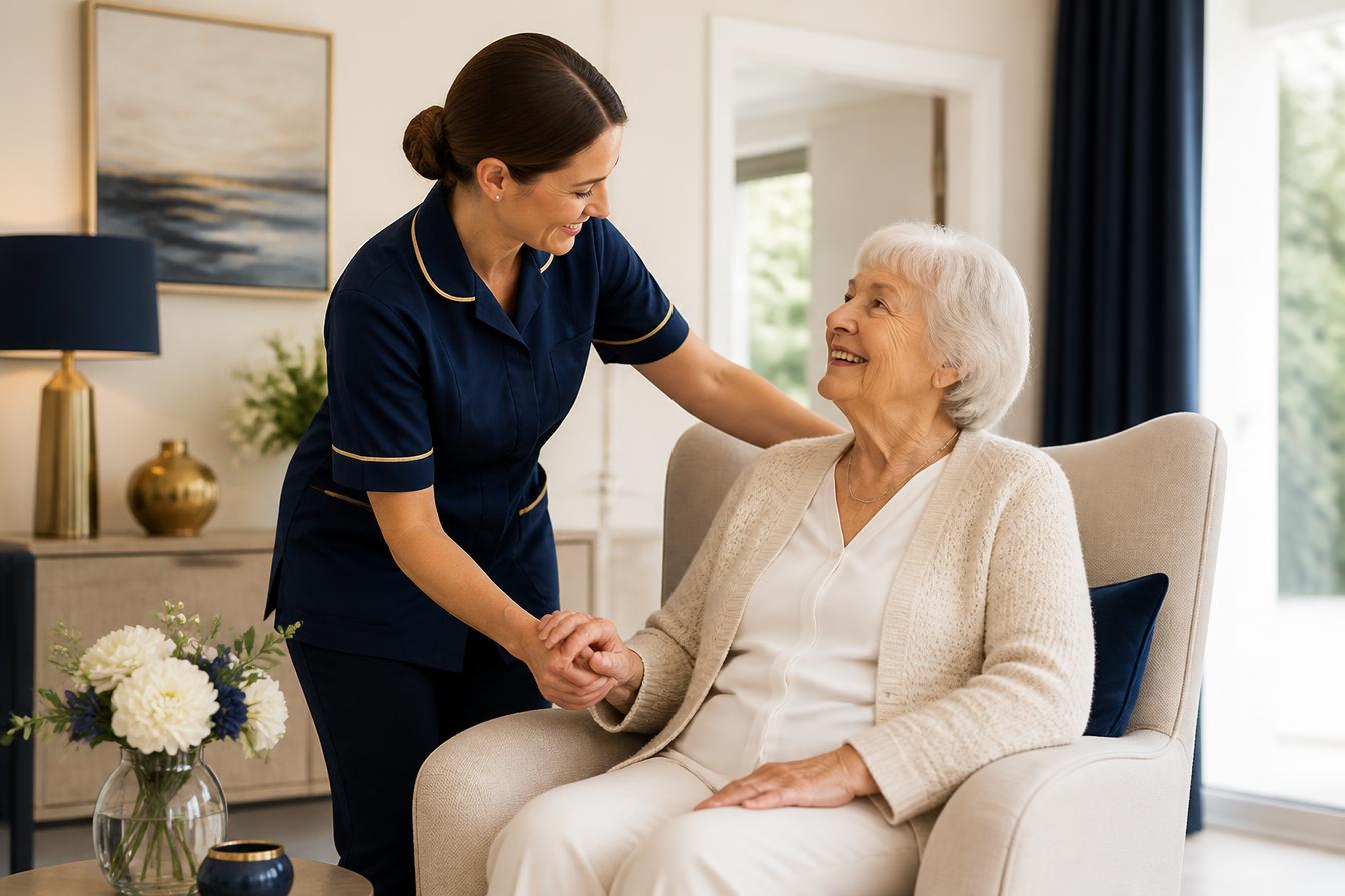 Compassionate Royal Nest caregiver holding hands with a smiling elderly client
